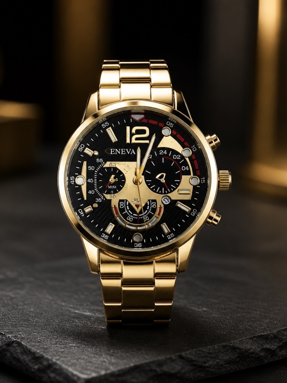 Geneva Men’s Gold Luxury Wrist Watch Round Dial 3 Time Zone Quartz NWT